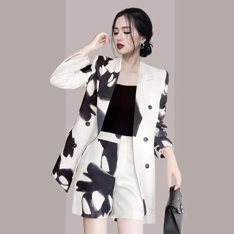 2023 Spring Summer Blazers Shorts Two Piece Set for Women Vintage Print Coats Pants Outfits Office Lady Personality Clothing