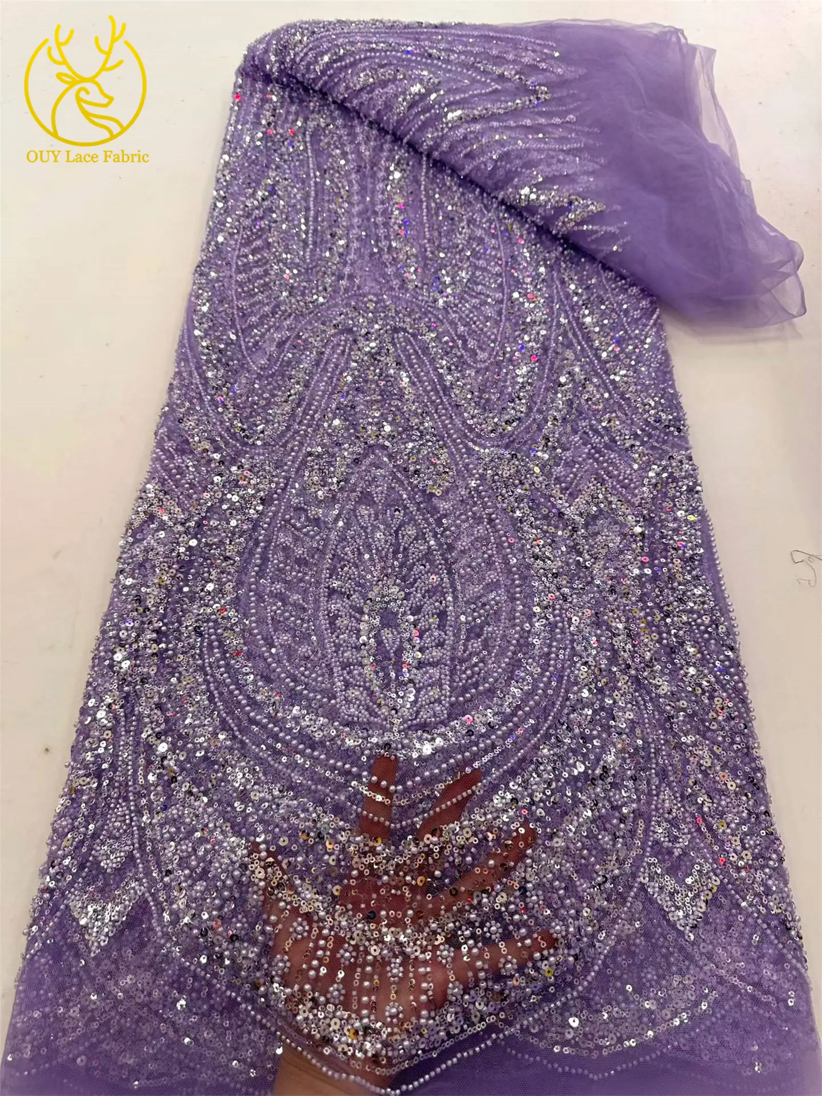 2026 Eleganter nigerianischer afrikanischer Bräutigam-Spitzenstoff mit Perlen, hochwertiger französischer Tüll-Pailletten-Spitzenstoff für Abendkleider, 5 Yards – Detail 14