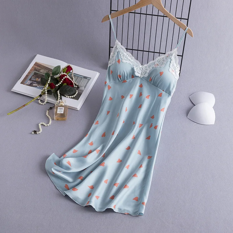 

Summer Female Nightgown Sexy Spaghetti Strap Nightdress Women Lace Sleepwear Chemise Nightwear Silky Satin Home Dress Loungewear