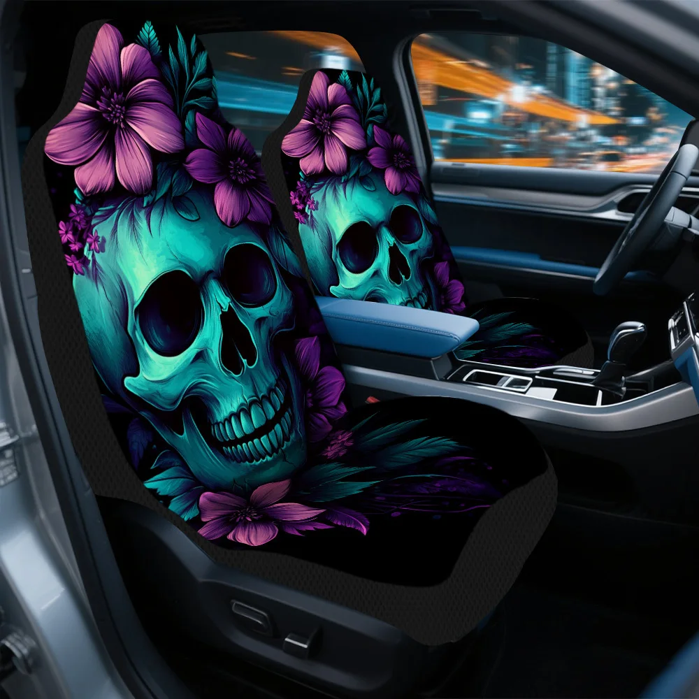 Set Of 2 Car Seat Covers Featuring A Horror Fantasy Floral Skull Design – Stylish And Durable, These High-Quality Protectors Fit