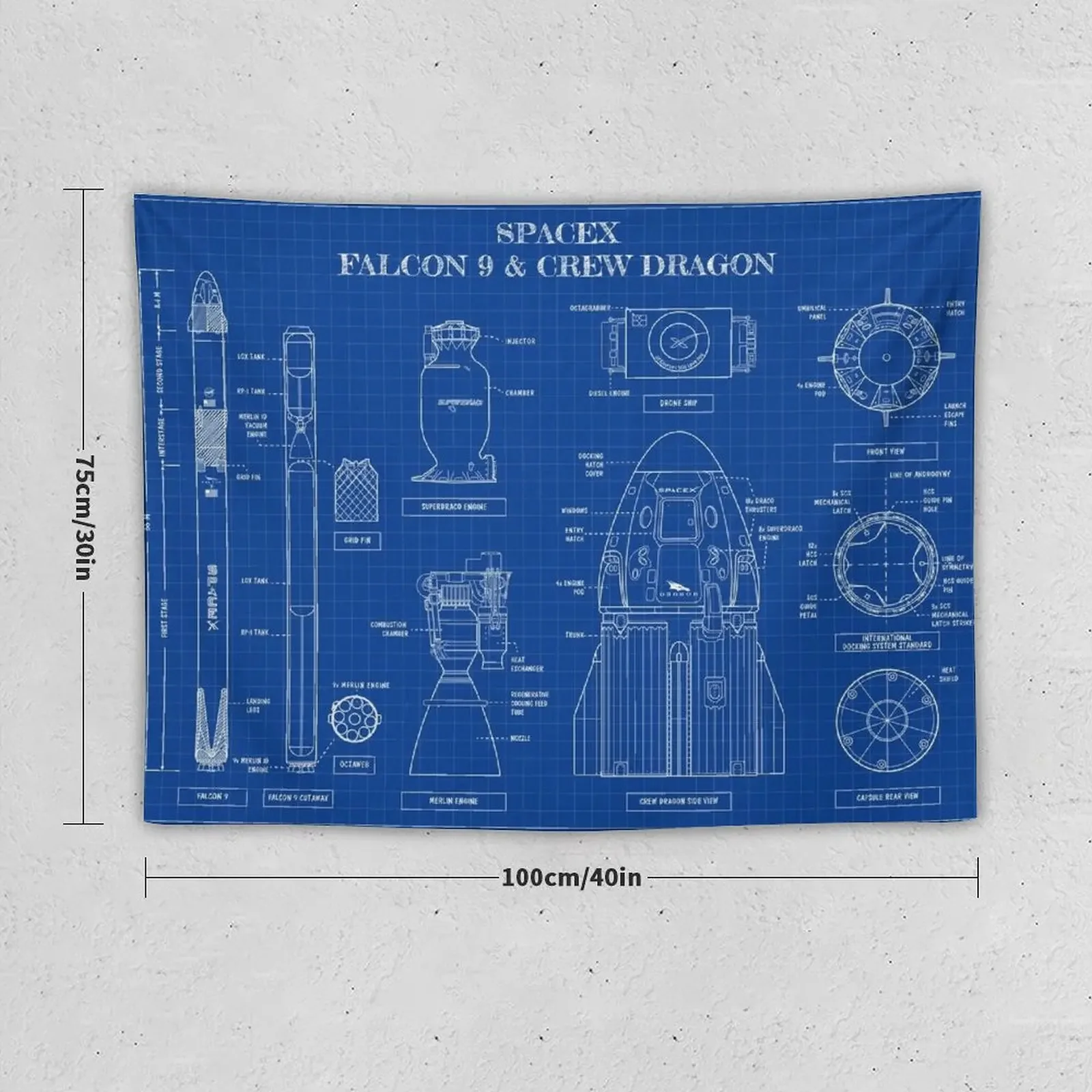 SpaceX: Falcon 9 and Crew Dragon (Blueprint-English) Tapestry Mushroom Decoration Aesthetic Tapestry