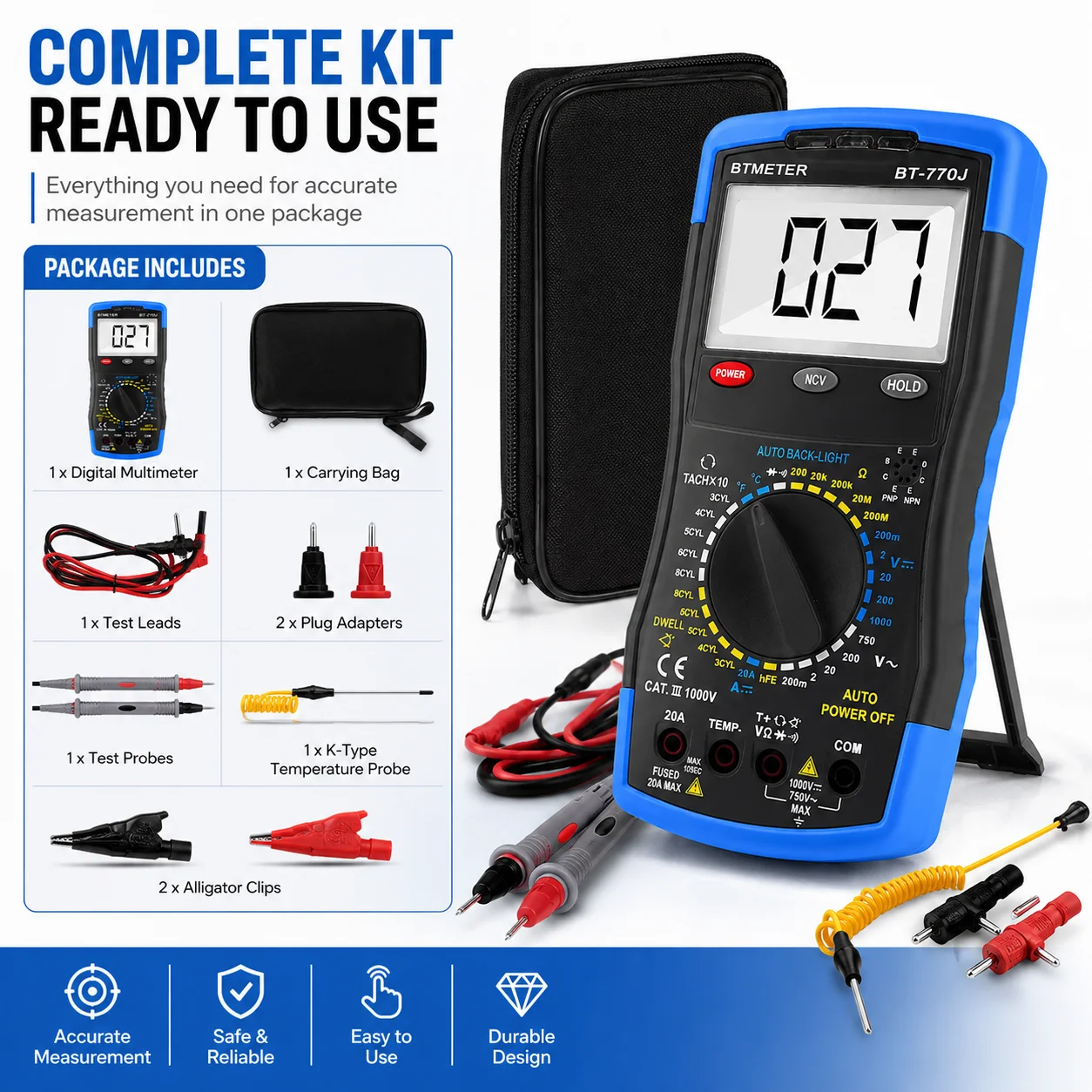 Automotive Multimeter HP-770J Manual Ranging RPM Dwell 20A NCV Tester HFE Temp CAT III 1000V for Car Engine Diagnostic