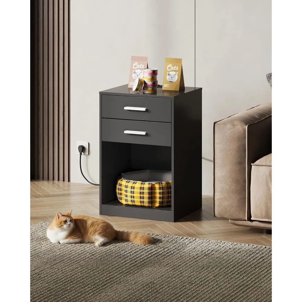 

Nightstand Set of 2 with Charging Station, Wood Night Stand Sets with 2 Drawers and Open Shelf, Bed Side Tables Bedroom,