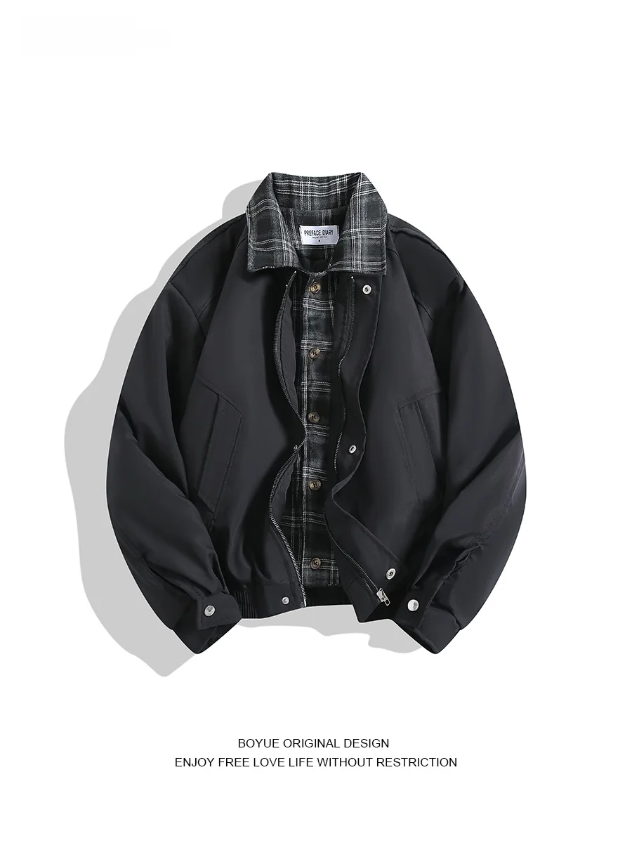 

Мужская повседневная универсальная хлопковая куртка BOYUE в американском ретро-стиле с клетчатыми вставками и эффектом двухслойности, для пар