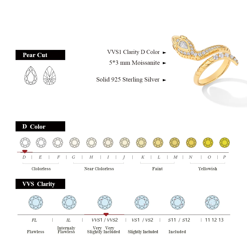 ATTAGEMS Top Quality D Color Moissanite Diamond Rings for Men Women Snake Shape S925 Sliver Yellow Gold Plated Fine Jewelry Gift