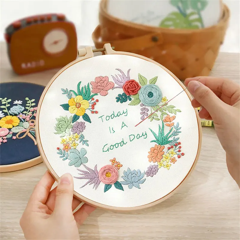 DIY Flowers Plants Pattern Embroidery Set Needlework Tools Printed Beginner Embroidery Round Cross Stitch Kit Sewing Craft Kit