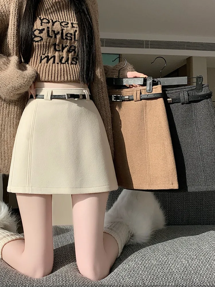 Khaki Woolen A-Line  Skirt Women's Winter 2025 New High Waist Slimming Casual Bodycon ort Skirt Ci Walk PVC Fabric