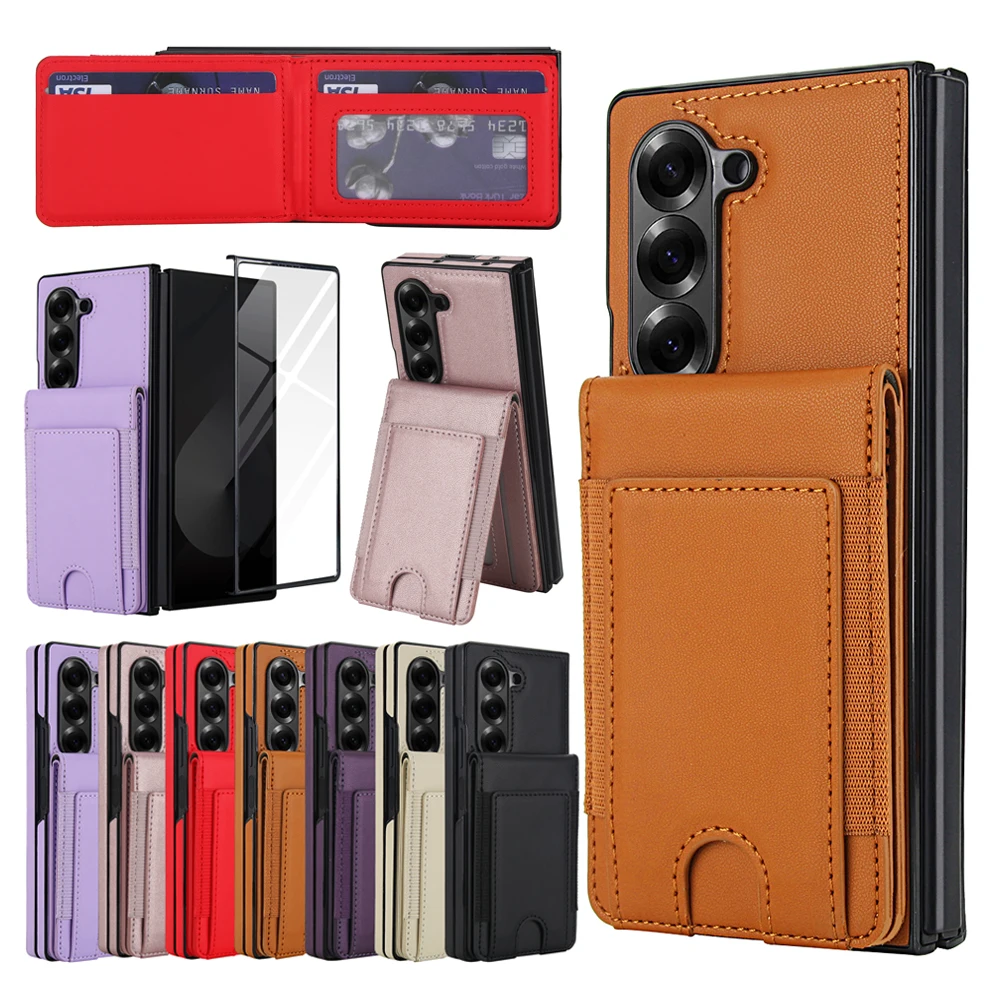 Funda de teléfono de cuero de Color puro Retro para Samsung Galaxy Z Fold7 6 5 4 3 con película protectora de pantalla cartera tarjetas bolsa cubierta de soporte
