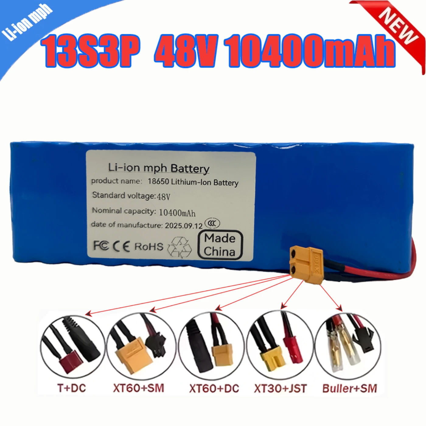 

48V 1030W 20.3Ah high capacity 13S3P XT60 DC Lithium-ion Battery Pack New 10.4AhLithium Iron Phosphate Battery and 54.6V Charger