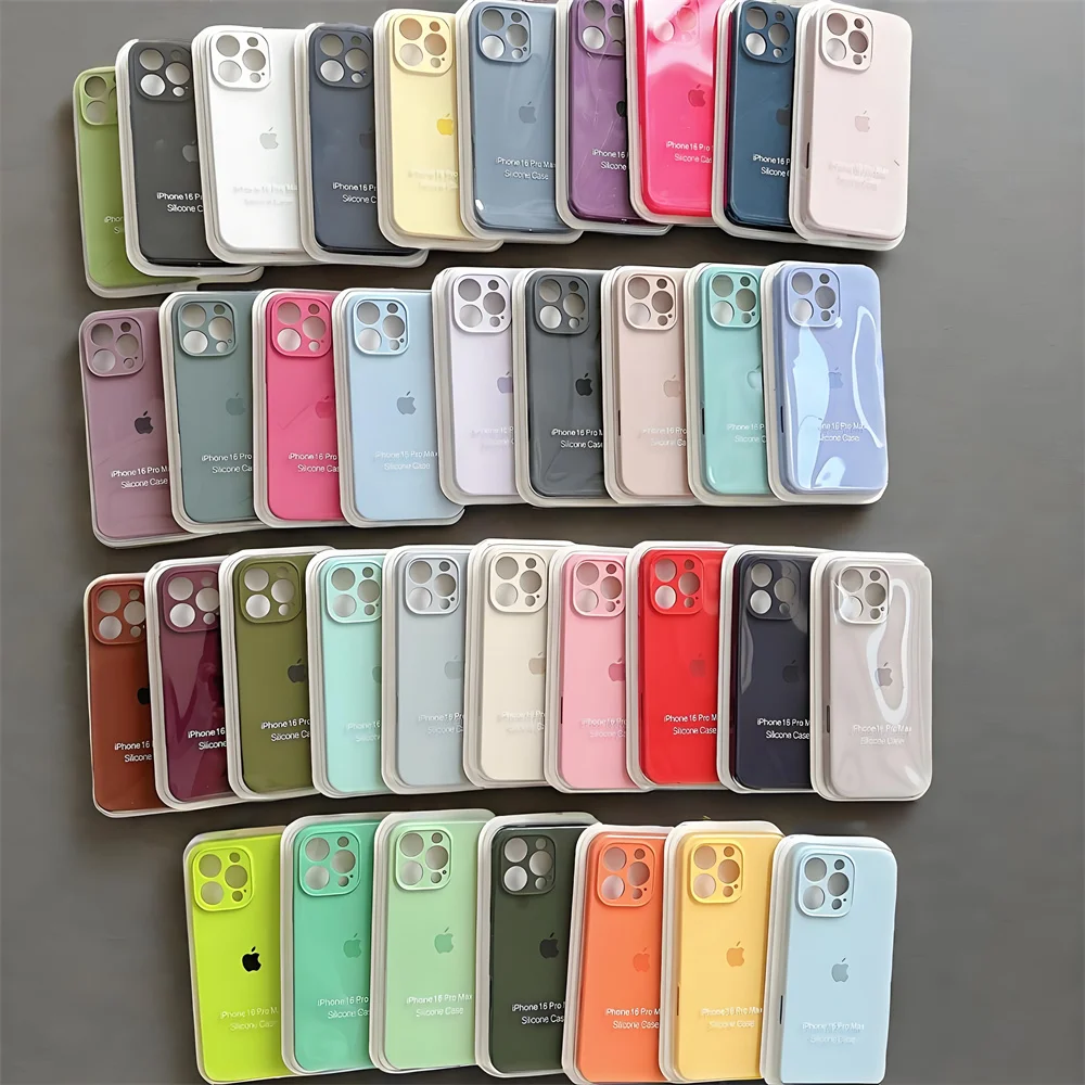Original Official  Apple Silicone Cases For iPhone 13 14 15 16 11 12 Pro Max Lens Protector Full Apple Logo Phone Cover With Box