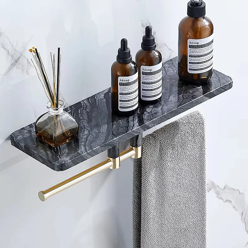 Marble Storage Shelf Waterproof Vanity Rack  Heavy-Duty Bathroom Towel Holder  Wall-Mounted Basin Organizer  Bathroom Shelf