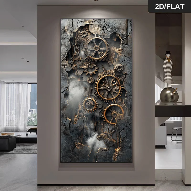 

2D Flat Large Abstract Rusty Gears on A Cracked Wall Canvas Wall Art, Frameless Modern Artworks for Living Rooms & Bedroom Decor