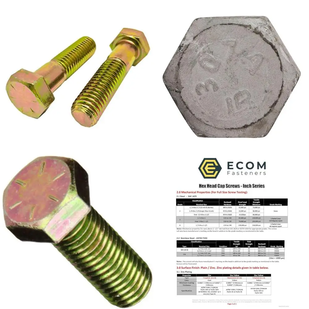 

Grade 8 Zinc Yellow Plated Steel Hex Cap Screws, 5/16-18 x 1 3/4 Inch, Coarse Thread, 100 Pack, Heavy Duty Fasteners for Constru