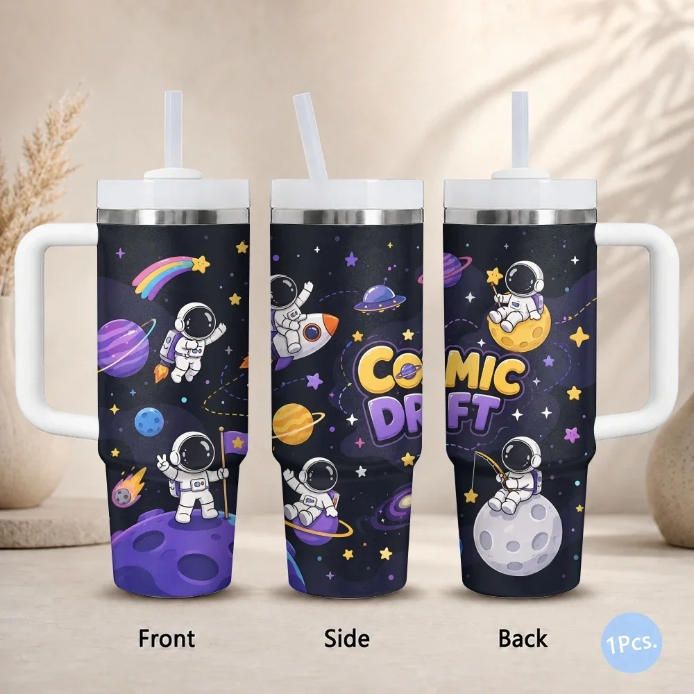 Funny Colorful Space Astronauts Planets Vacuum Flasks 40oz Stainless Steel Insulated Tumbler With & Straw Leakproof Travel Mug