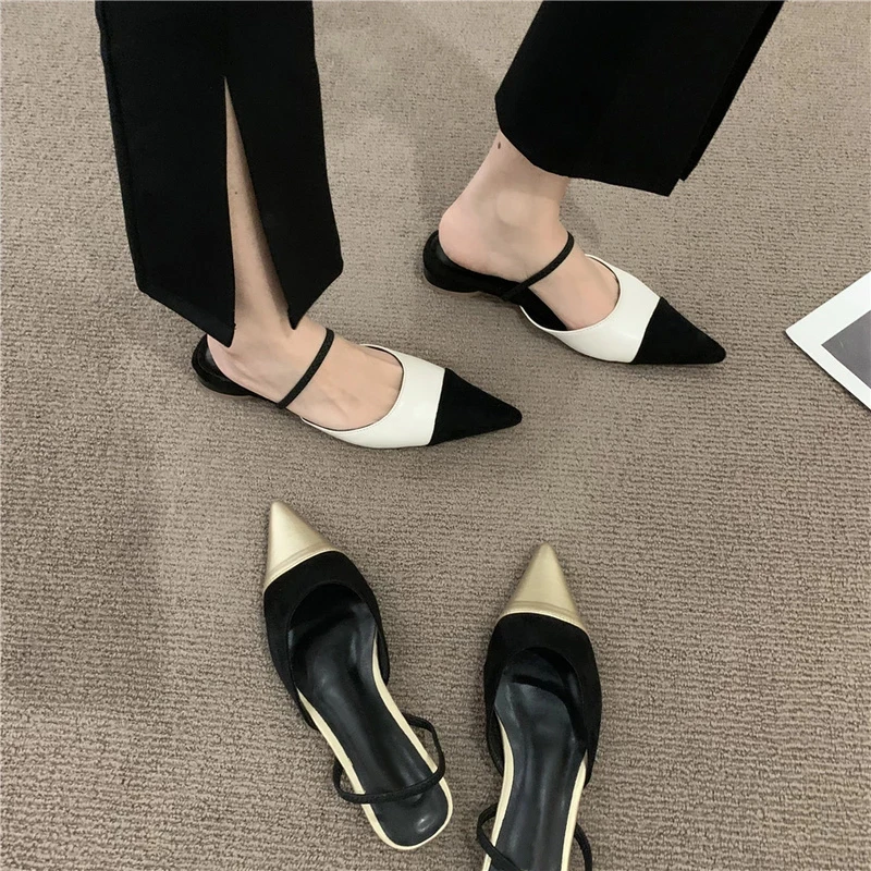 Elegant Summer New Women Sandals Splice Pointed Sexy Metal Color Flat Baotou Back Empty Fashion Ladies Mules Sandals Point Shoes