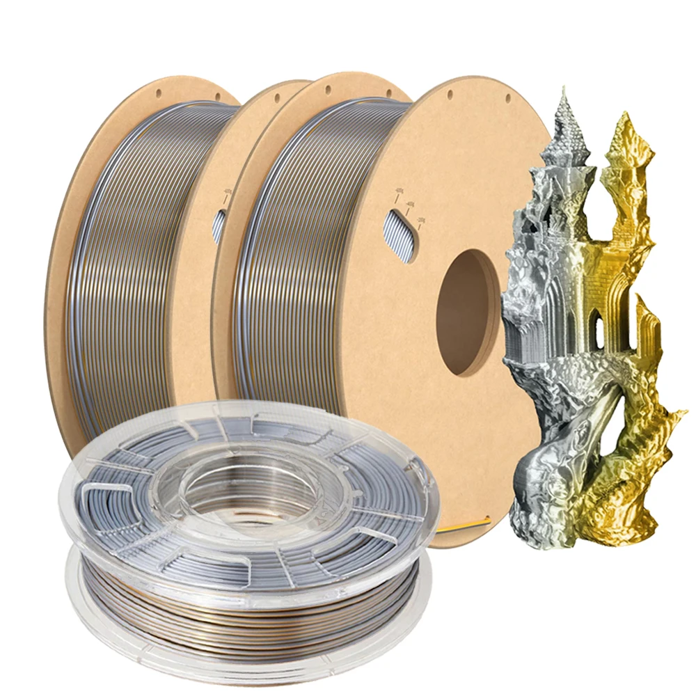 

1,75 мм двухцветная нить для 3D-печати, шелковая PLA, золото, серебро, 1 кг, 500 г, 2 цвета, шелк PLA, золото, серебро, 250 г, материал для 3D-печати