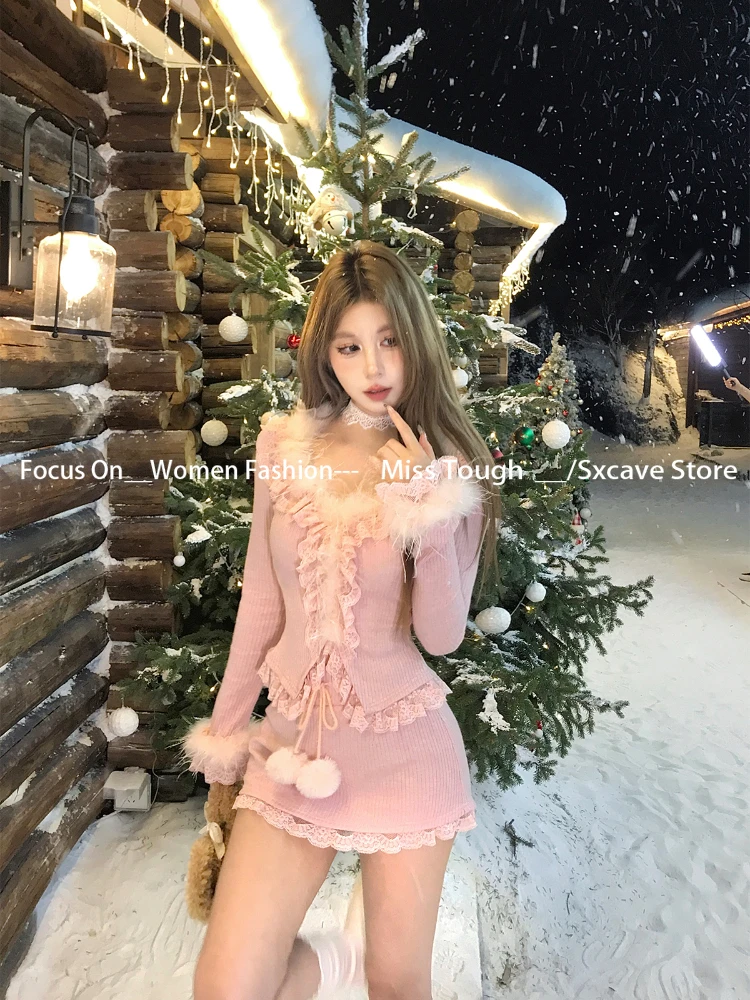 Korean Sweet Sexy Slim 2 Piece Skirt Suits Female Fairy Bodycon Faux Fur T Shirt＋High Waist Lace Tight Skirt Autumn Skirt Sets