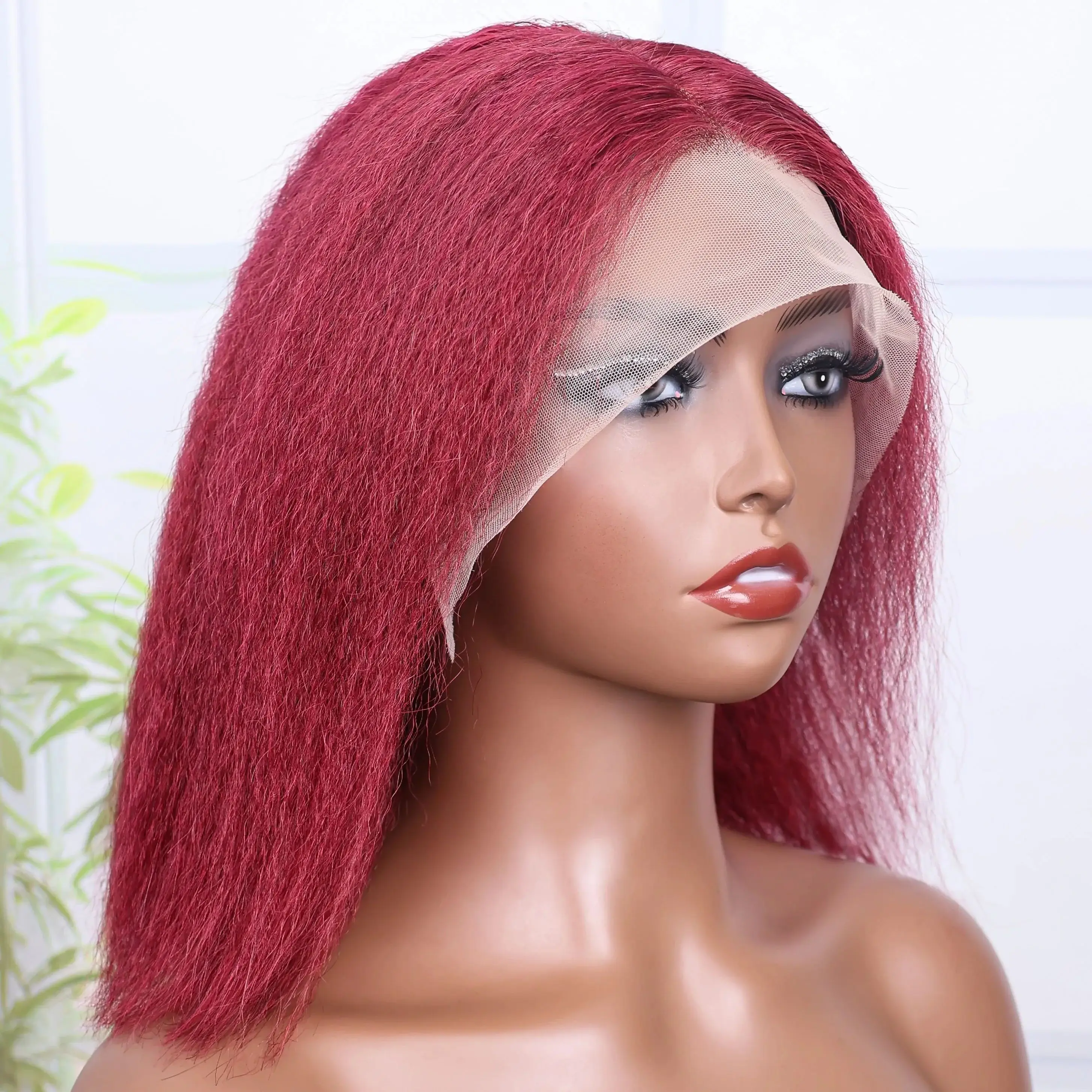 

Kinky Straight Wigs 13x4 Lace Front Human Hair Wig 100% Human Hair 99J Burgundy Colored Pre Plucked Wigs For Black Women (14in）