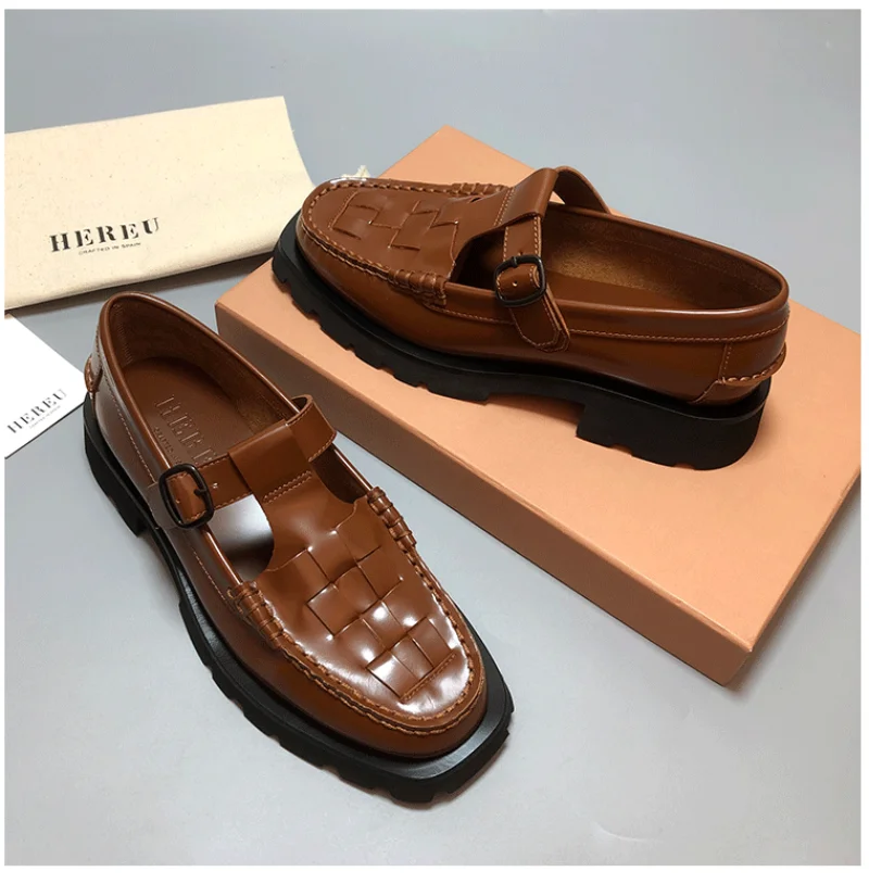 HEREU nuove scarpe autunnali in pelle da donna con fondo spesso British Square Head scarpe singole Weave Mary Jane Shoes aggiornamento del tessuto