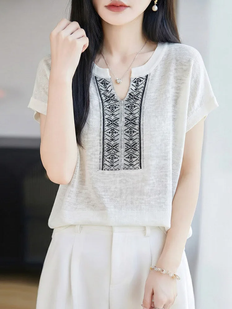 2026 New Fashion Slimming Knitted Short Sleeve T-Shirt Women's V-Neck Embroidered Loose Versatile Thin Bamboo Rayon Shoulder