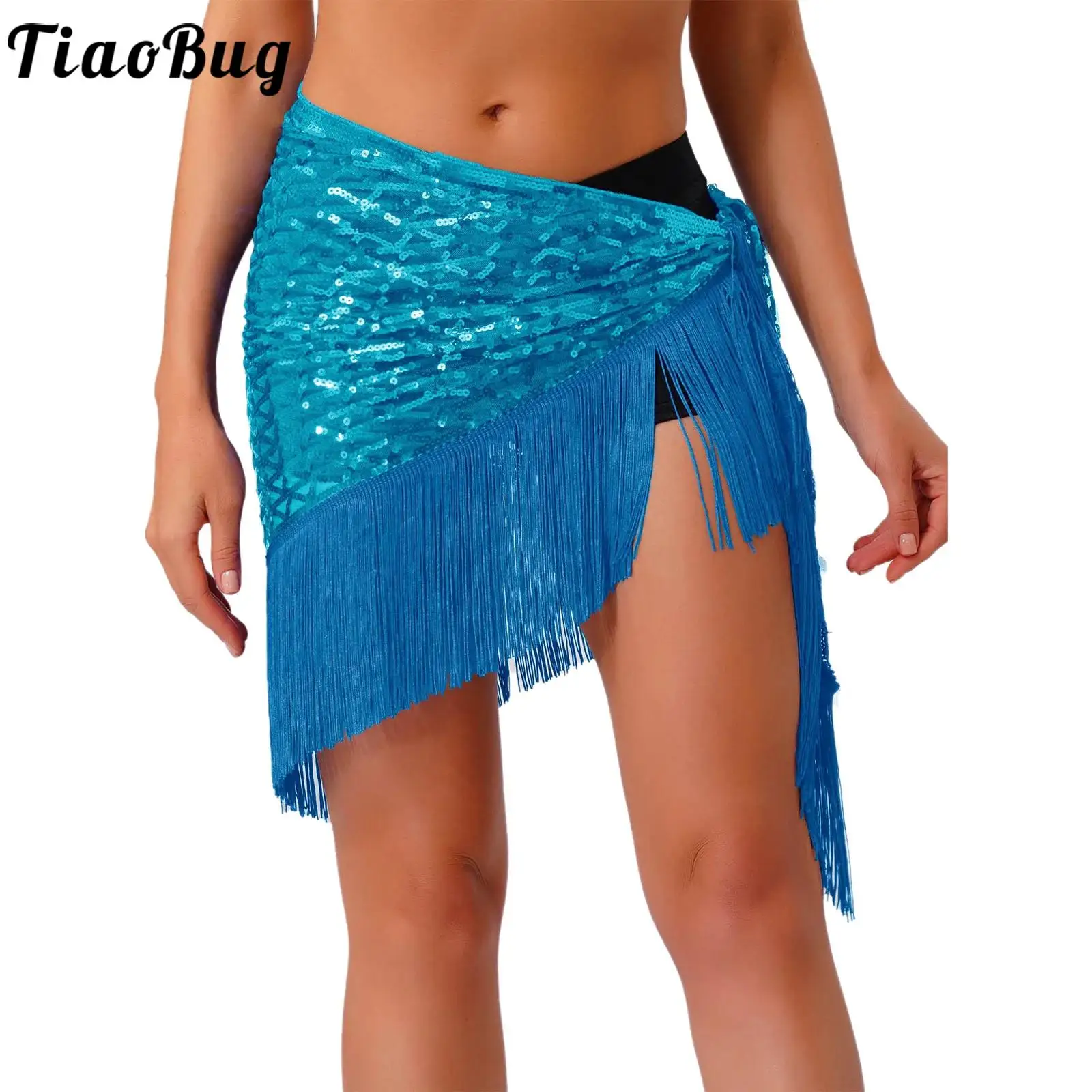

Women Sequin Belly Dance Hip Scarf Glitter Tassel Fringed Triangle Lace-up Skirt Waist Chain for Latin Flamenco Spanish Dance