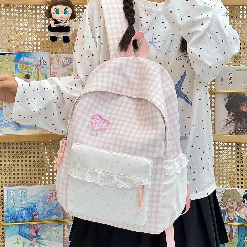 Japanese StyleinsWomen's windproof backpack2026New plaid polka dot school bag in college style for girls, suitable for middle an