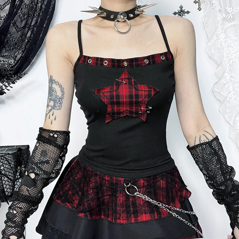 ISAROSE Y2K Camisole Tops for Women Summer Sleeveless Patchwork Black Red Plaid Star Gothic Adjustable Straps Crop Tops S M L