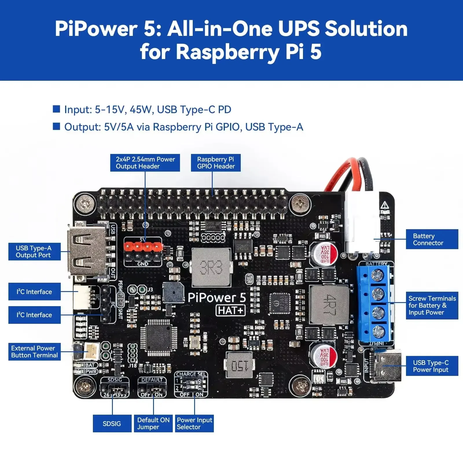 BoMasPiPower 5 Raspberry Pi 5/4B/3B+/Zero 2 W UPS HAT, 5V/5A Power Supply, Safe Shutdown, Smart Alert For NAS, Server, Home Assi