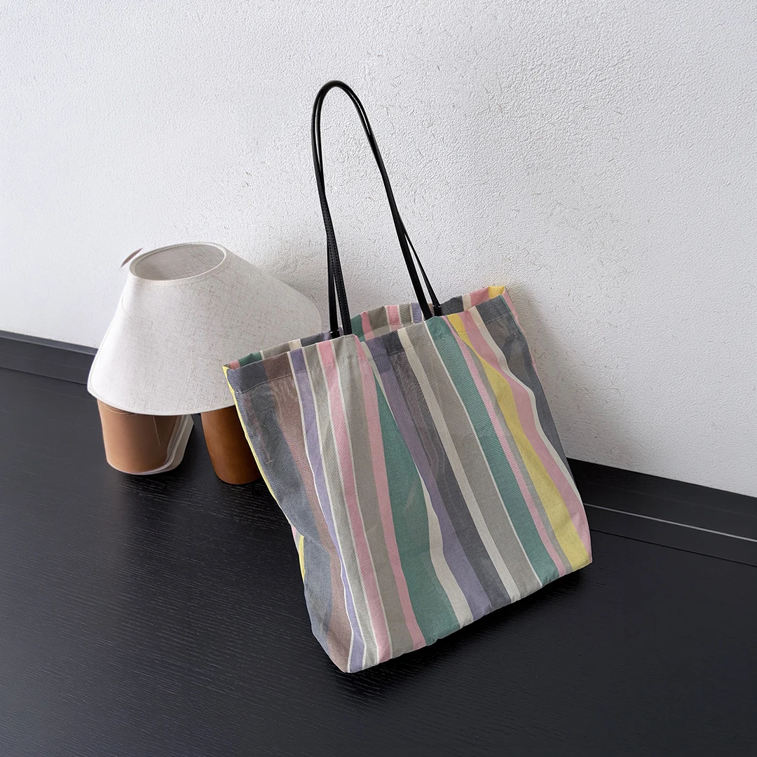 Mendy PVC Striped Tote Bag Women Colorful Rainbow Pattern Leather Handle Japanese Style Luxury Designer Work Office Original