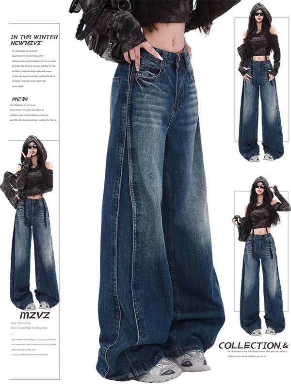 

Ретро джинсы с высокой талией и широкими штанинами, женские, больших размеров, свободные, струящиеся, прямые, длинные брюки, весна-осень, новая коллекция, повседневная одежда