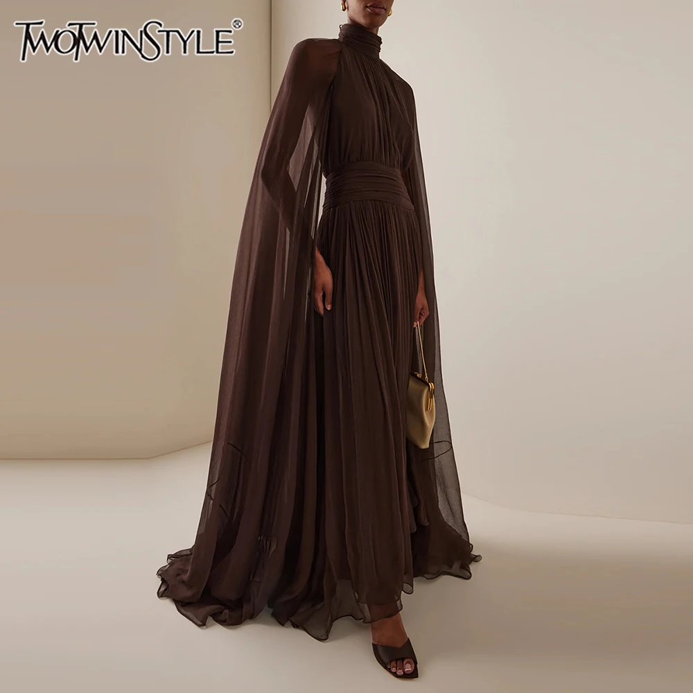 TWOTWINSTYLE solide minceur épissé plis tempérament robes pour femmes col haut manches longues dos nu robe transparente femme nouveau
