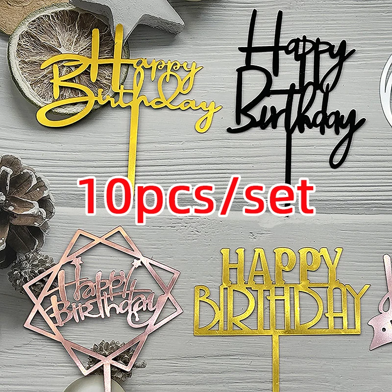 10Pcs/set Multiple Styles Happy Birthday Cake Topper Black Gold Cake Toppers Baby Shower Cake Birthday Party Cake Decorations