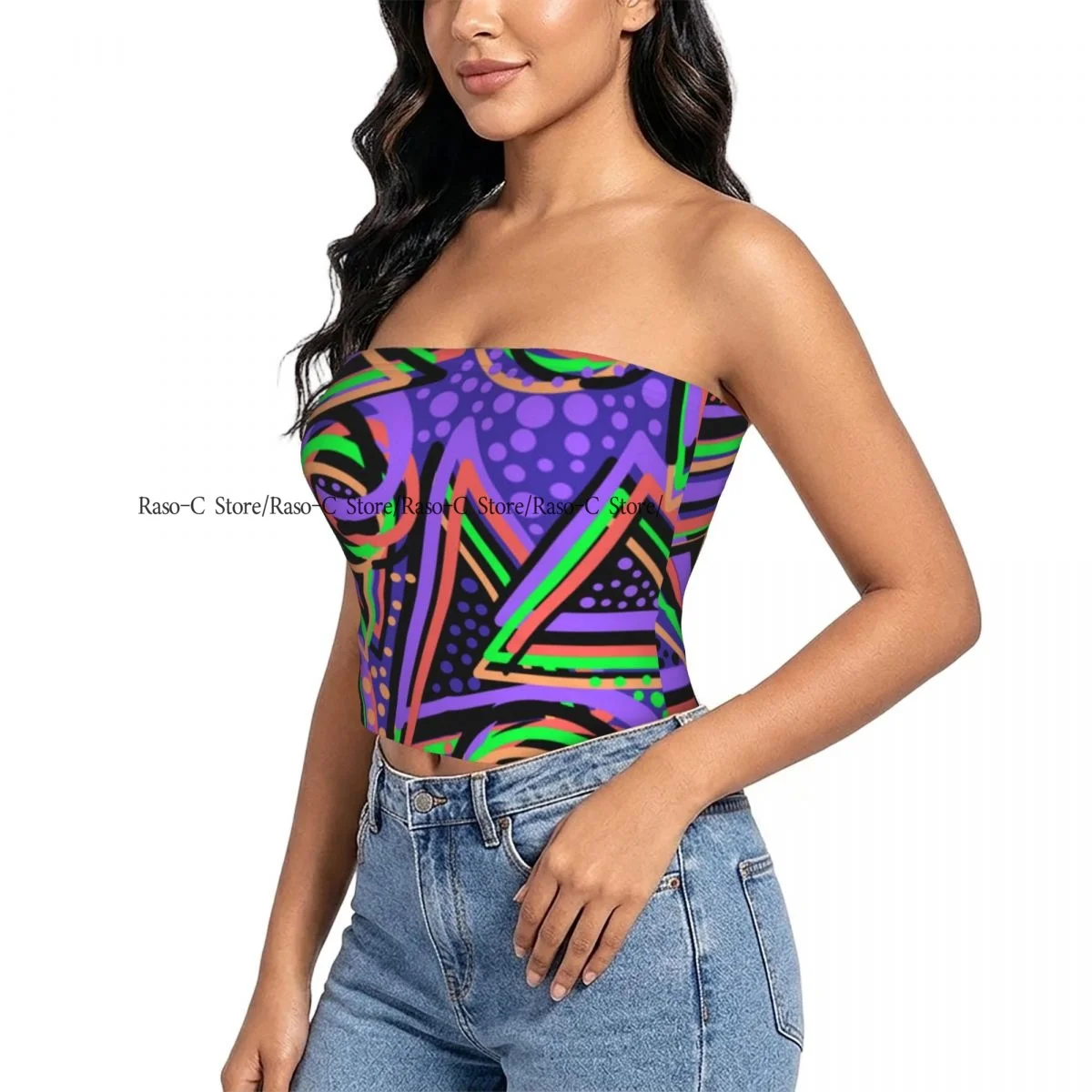 Women strapless blouses sleeveless Abstract Geometric Triangles Memphis Style halter-neck sexy short-sleeved blouses