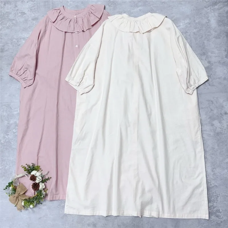 Johnature Japońska Sukienka Koszulowa z Bawełny i Lnu z Falbankami przy Kołnierzu, Letnia Nowa Sukienka z Krótkim Rękawem, Luźna, Codzienna, w Jednolitym Kolorze, Prosta Sukienka Koszulowa Damska