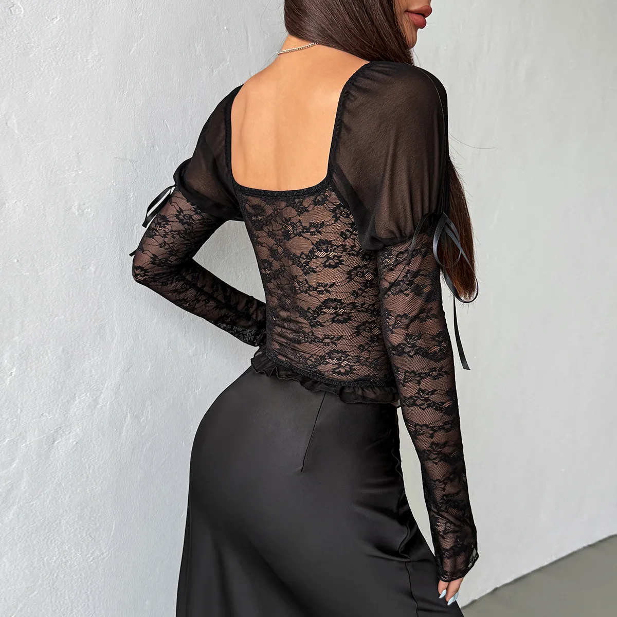 2026 Fashion Black Mesh Patachwork T Shirt Women Sexy Lace Trim Transparent Long Sleeve Slim Fishbone Y2K Night Club Party Top