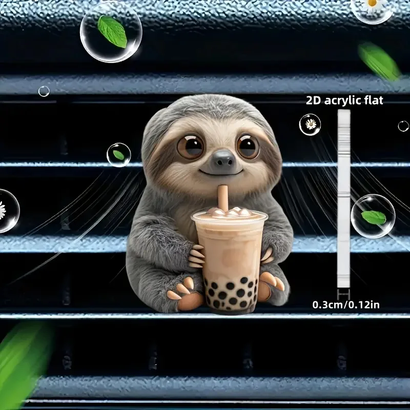 Clip Decorativo 2D Plano de Acrílico para Rejilla de Ventilación de Coche, Diseño de Perezoso Bebiendo Té con Leche, Adorno Lindo para Interior de Coche