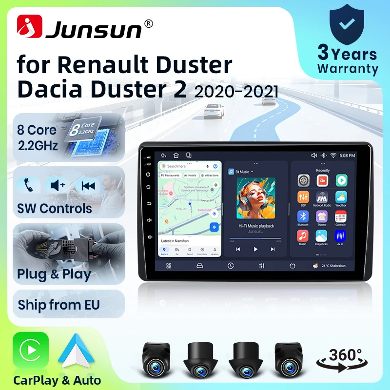 Autoradio Junsun 8 cœurs 4G WiFi pour Renault Duster HM 2 2019-2023 Arkana 1 2019-2021, écran IPS, CarPlay, Android Auto, GPS, Navi, stéréo, SWC, BT, FM, AM, RDS, DSP, 2Din, Mirror Link, lecteur multimédia, commande vocale AI, caméra 360, mise à jour OTA en option, unité principale