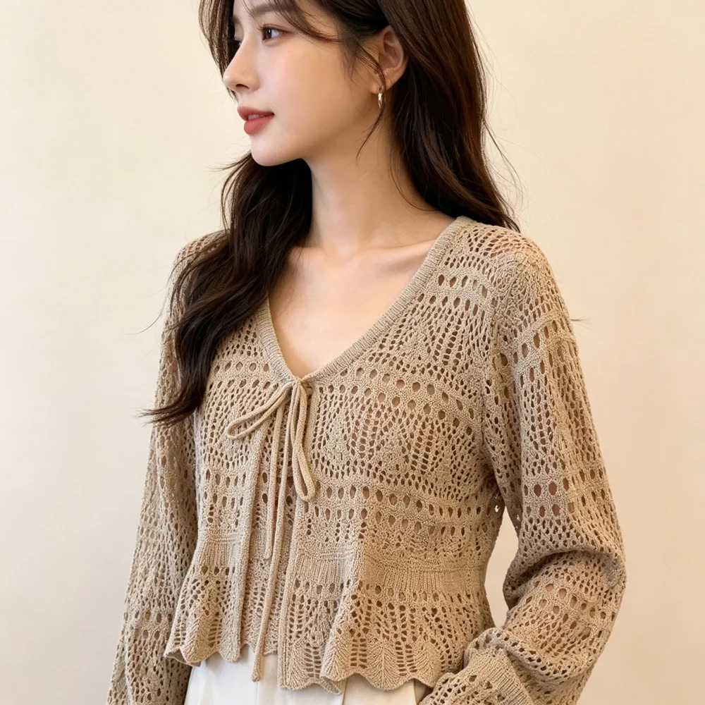 Knitted Cardigan Women Balletcore Ballerina Poise Twirl Snow White Hollow Out V Neck Long Sleeve Tie Front Scalloped Hem Icon