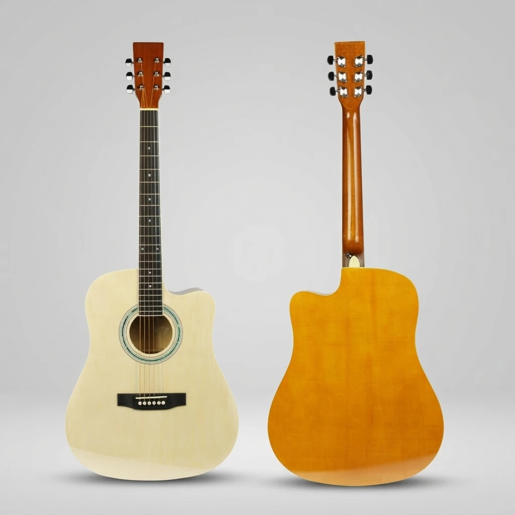 Dreadnought Cutaway Acoustic Guitar Natural Gloss Top Honey Yellow Back 6 Strings Colorful Rosette for Beginners, Daily Practice