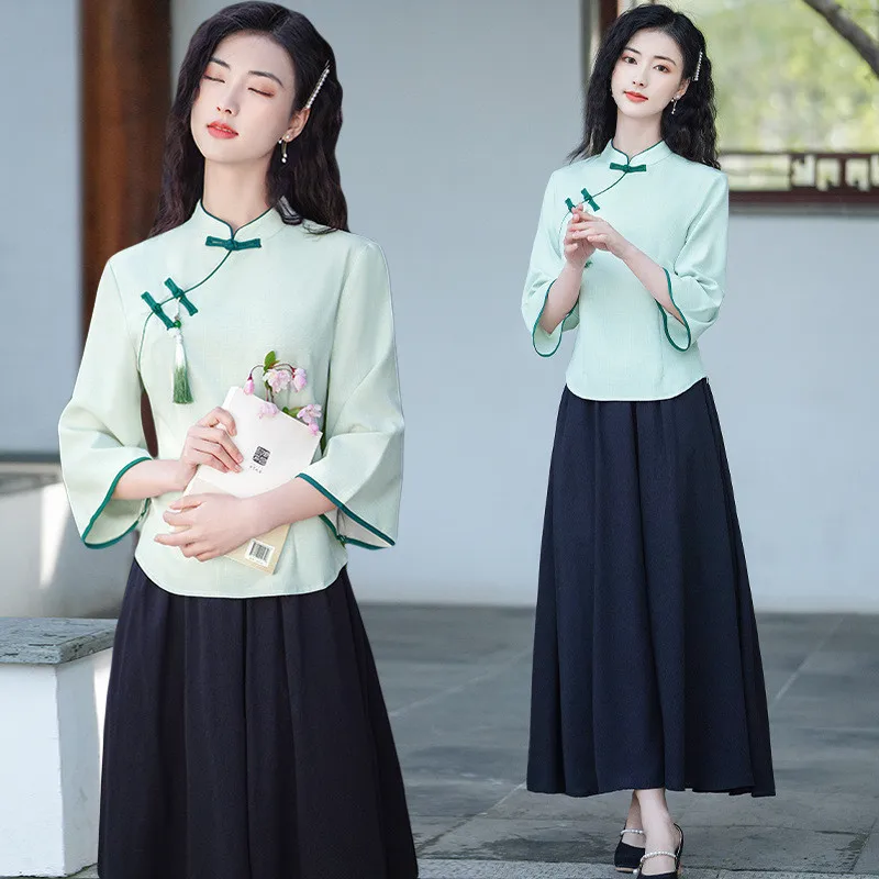 Vintage Cotton Linen cheongsam Suit For Women With Cardigan Plate Buckle Young Tea Suit Two-Piece Set Tang Dress Suit Women 3058