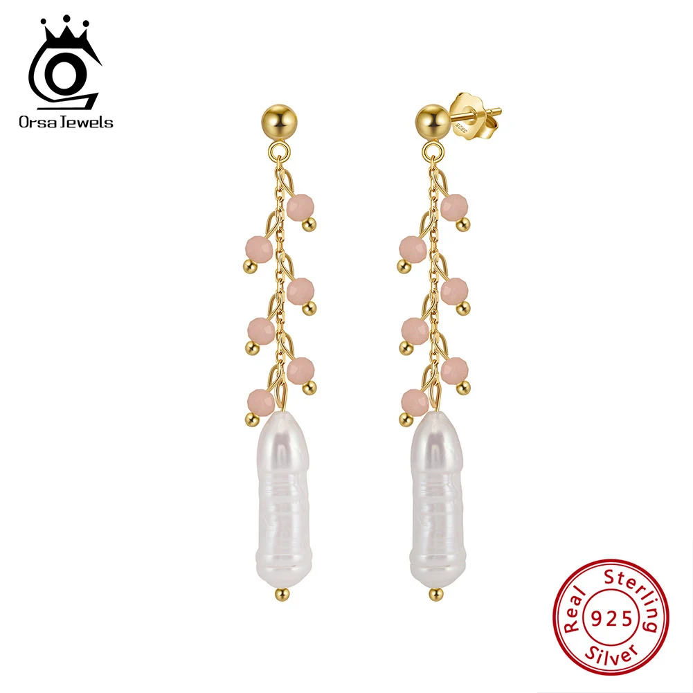 

ORSA JEWELS Sweet Pink Opal Beads Earrings with Freshwater White Pearl Sterling Silver 925 Baroque Pearls Dangle Earrings MPE04