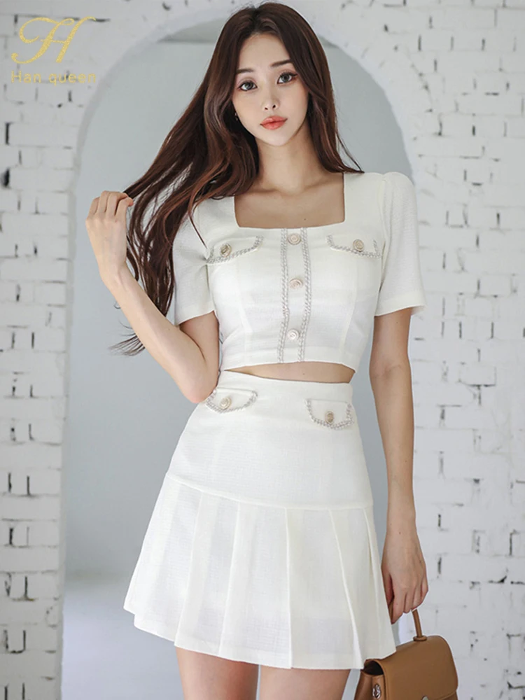 H Han Queen Summer New 2-Piece Sets Fashion Button Short Top +Elegant A-Line Pleated Skirt Casual Office Women Suit Skirt