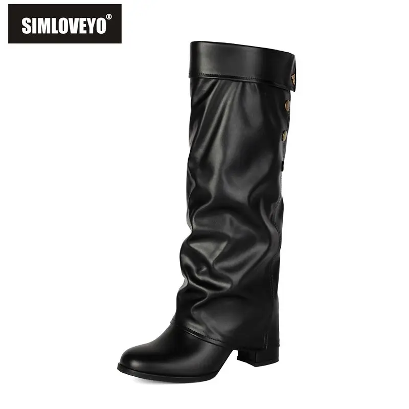 SIMLOVEYO Apricot Women's Knee High Boots Round Toe 7cm Block Heels Slip On Plus Size 41 42 43 Sexy Handmade Dating Long Botas