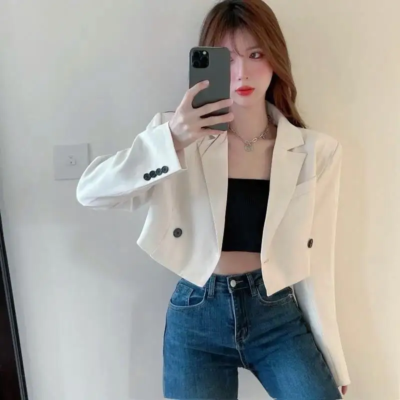 

Fashion Women Elegant Short Blazer Casual Office Work Vintage Solid Color Long Sleeve Korean Style Office Autumn Blazers Women