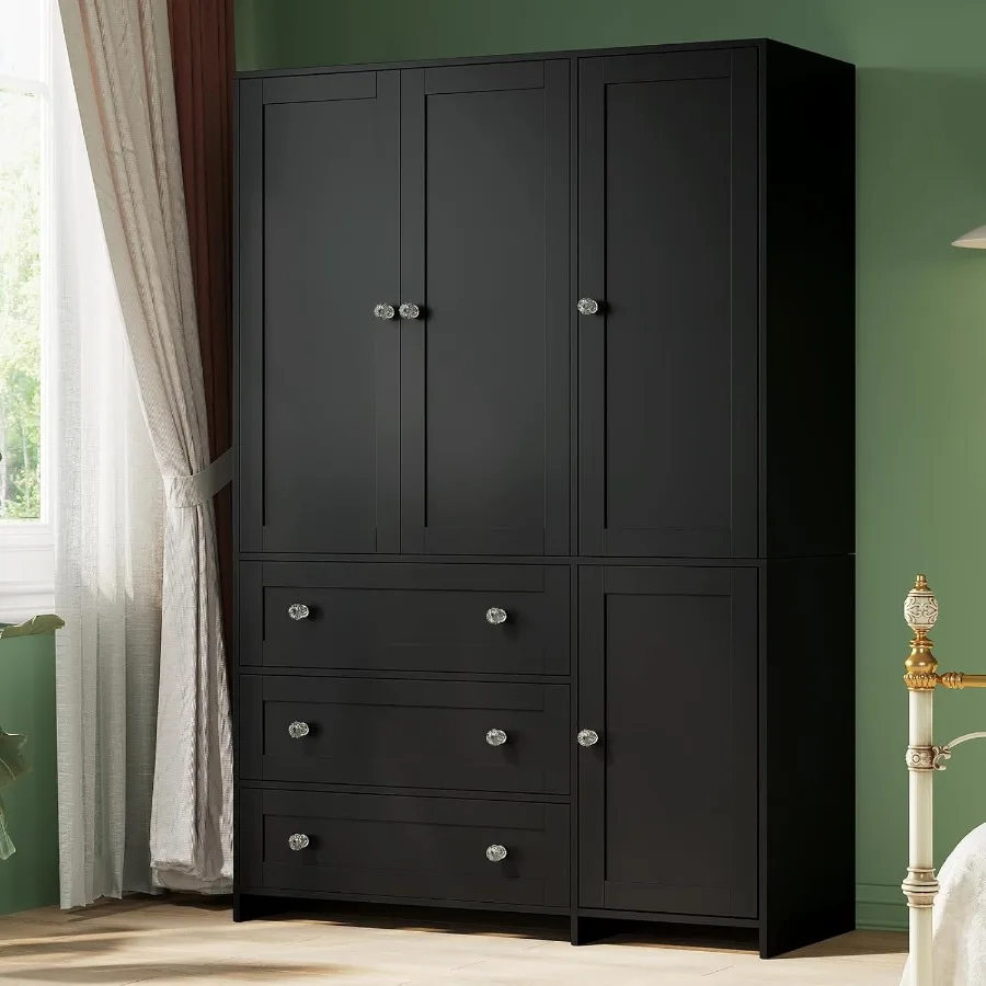 

71 Wooden Wardrobe Cabinet with 4 Doors Built-in Mirror and Drawers for Bedroom: Large Capacity Clothing Storage with Hanging R