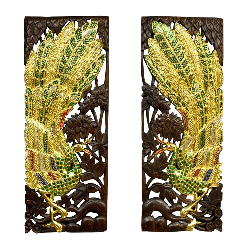 Soft glazed peacock wall decoration teak hand-carved decorative engraved board