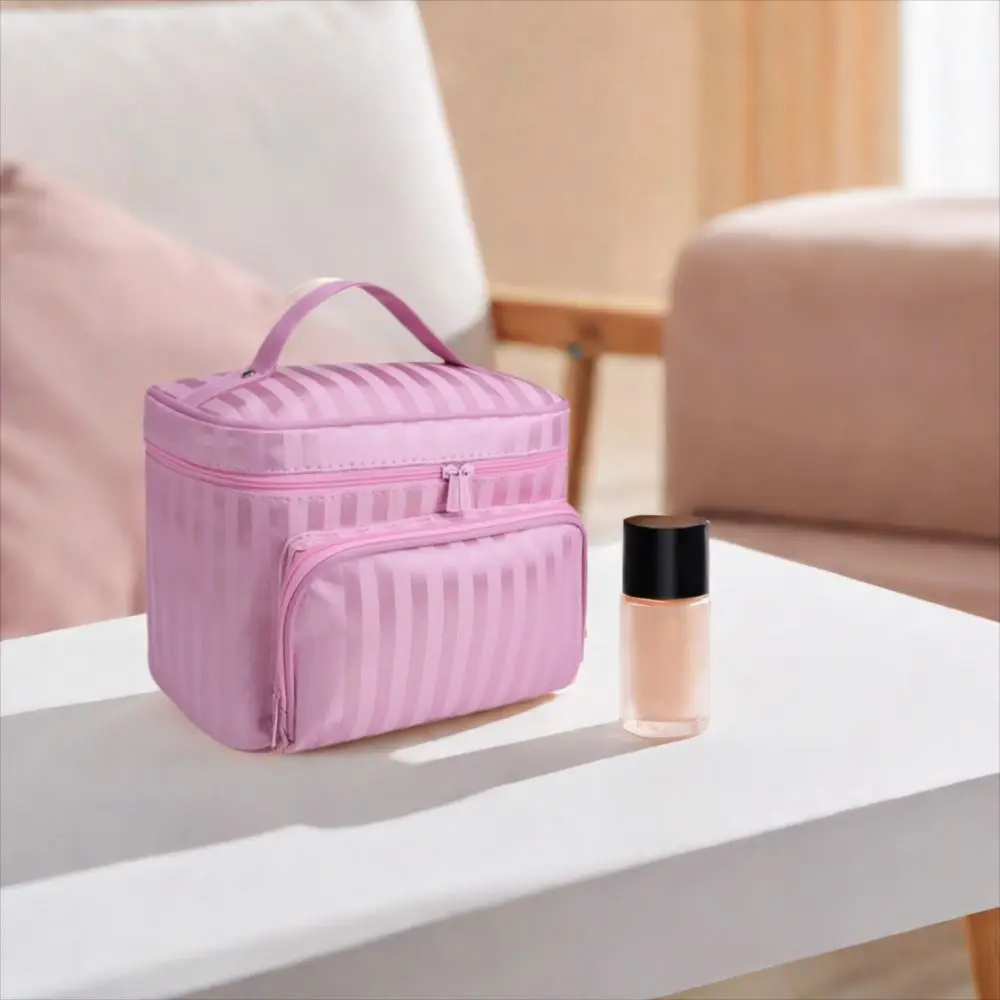 다기능 휴대용 스트라이프 화장품 가방 지퍼가 달린 대용량 접이식 메이크업 가방 방수 세면 용품 가방 여성