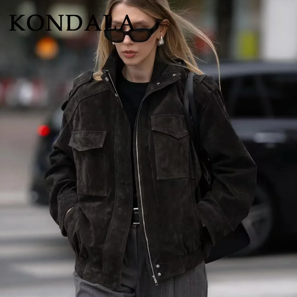 

KONDALA 2025 Fall Winter Streetwear Suede Women Jackets Fashion Christmas Halloween Chic Zip Up Epaulet Spliced Ladies Coats
