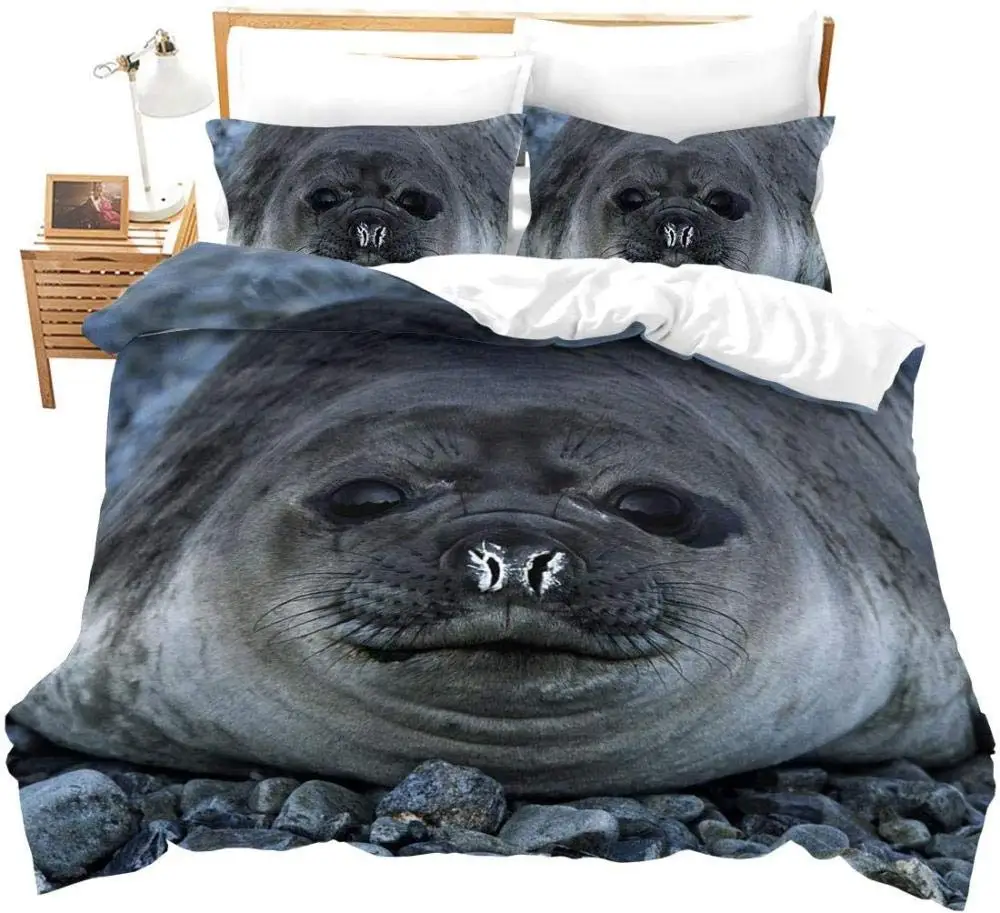 3D Sea Lion Duvet Cover King/Queen Size,Cute Cartoon Sea Lion Sleeping Print Bedding Set For Kids Boys,ocean Animals Quilt Cover