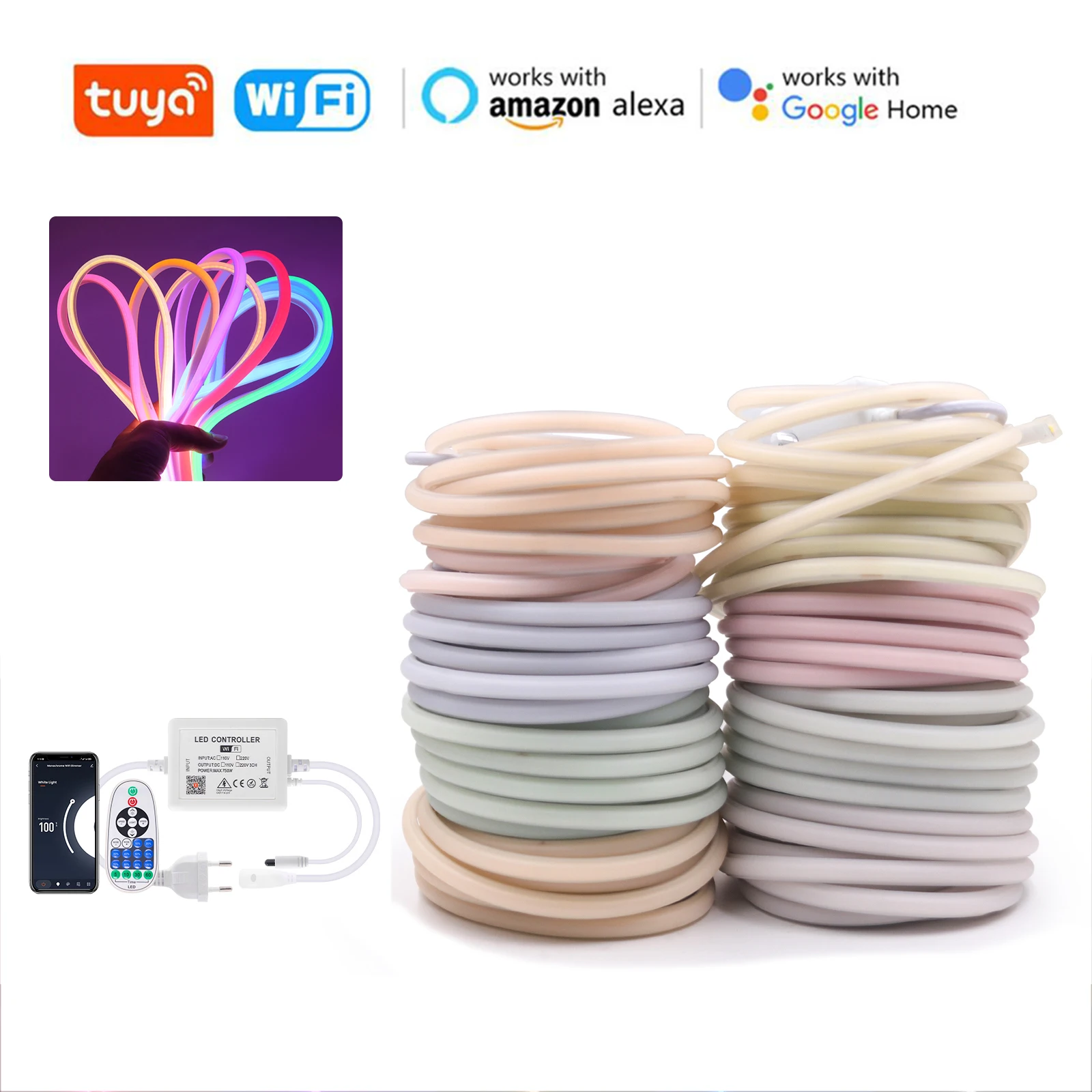 Tuya ไฟนีออนควบคุมผ่าน WiFi อเล็กซา220V สีขาวสีแดงน้ำแข็งสีฟ้าสีเหลืองสีม่วงสีเขียวเทปแถบไฟ LED กันน้ำ